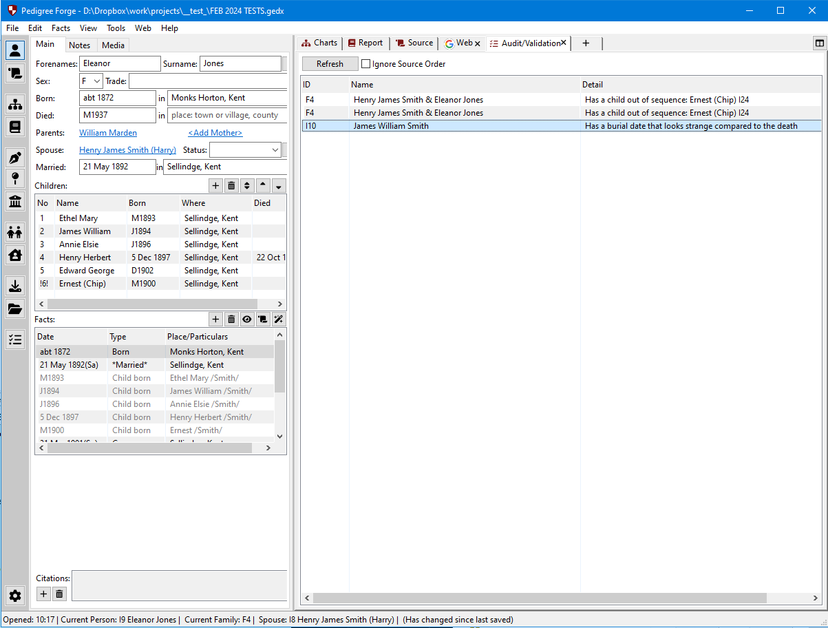 Genealogy software interface showing the audit and verification report in Pedigree Forge