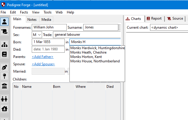 Genealogy software interface showing autocomplete suggestions for places in Pedigree Forge