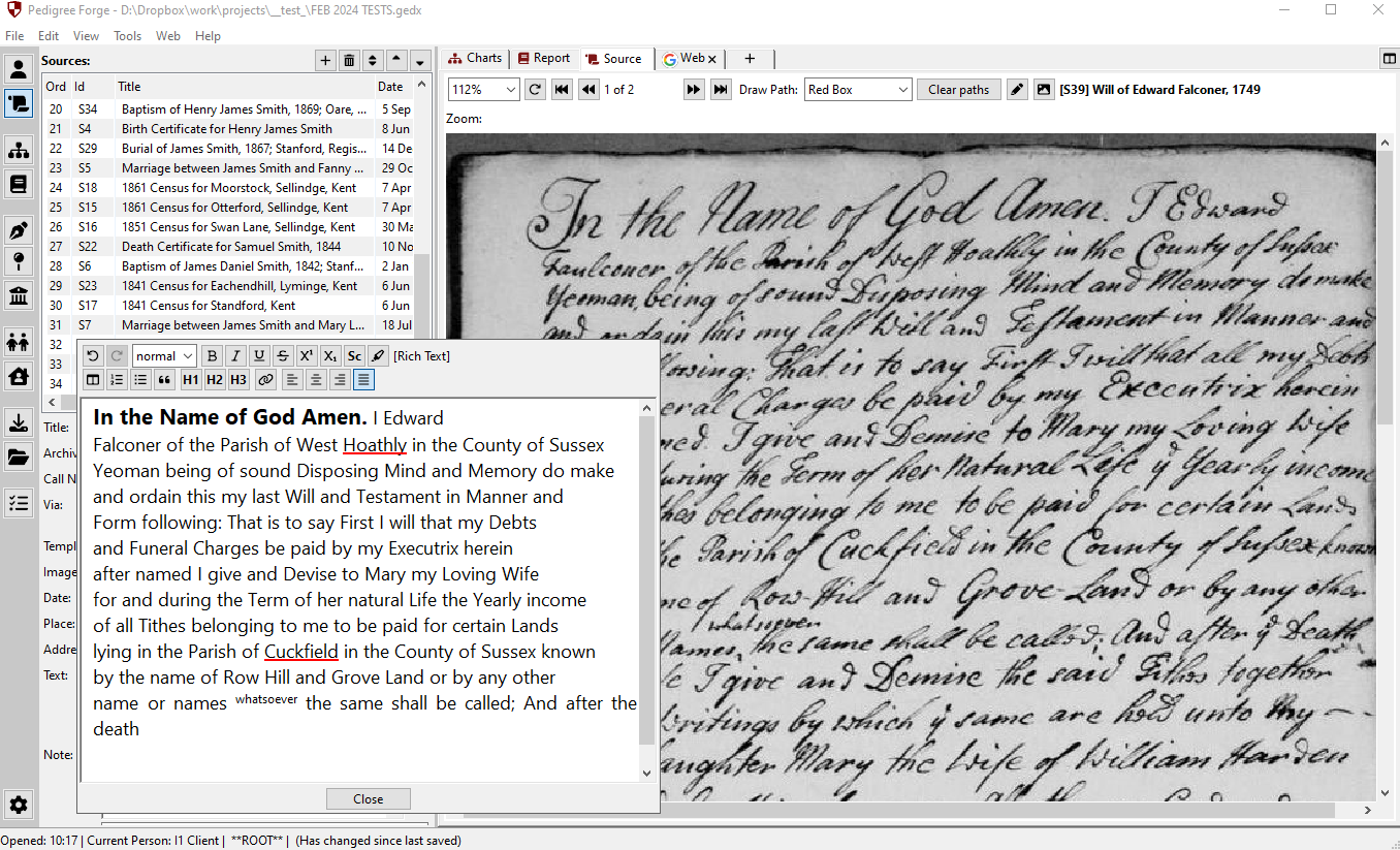 Genealogy software interface showing Pedigree Forge's built in word processor
