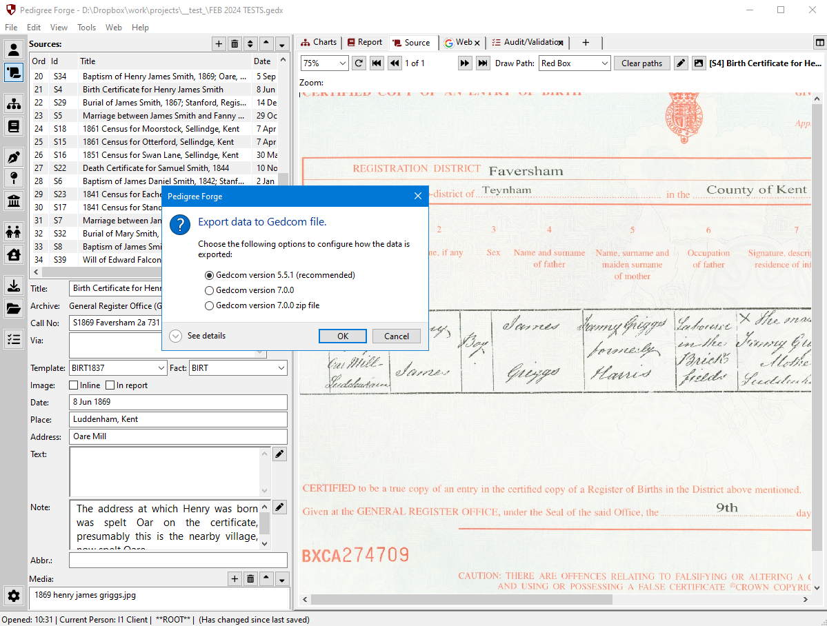 Genealogy software interface showing export to GEDCOM file format from Pedigree Forge
