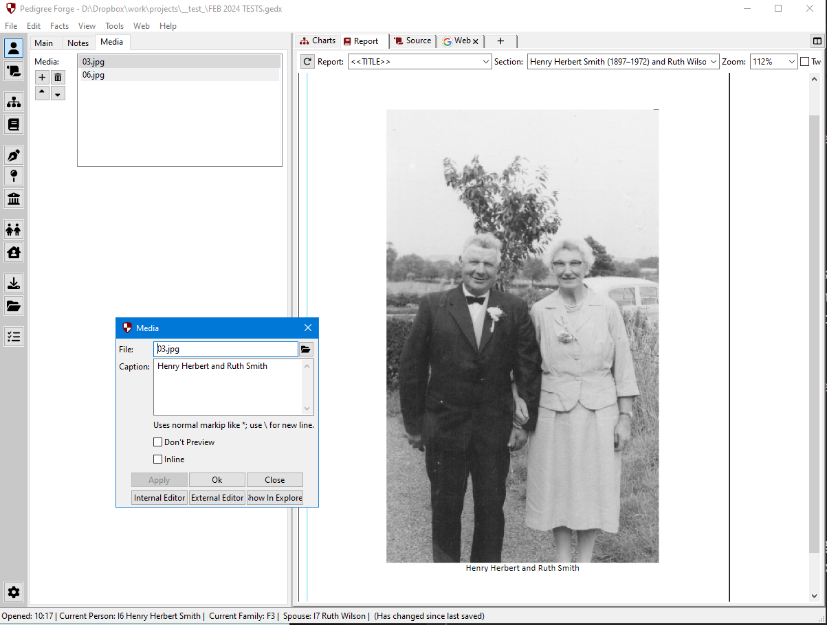 Genealogy software interface showing adding and editing photos in Pedigree Forge