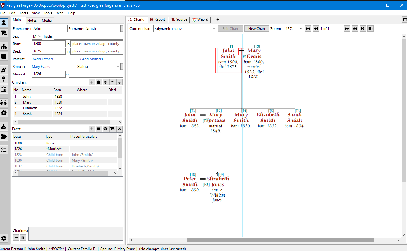 Genealogy software interface showing entering information in Pedigree Forge