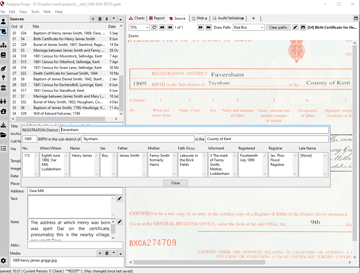 Genealogy software interface showing transcribing an English General Register Office certificate from a template in Pedigree Forge