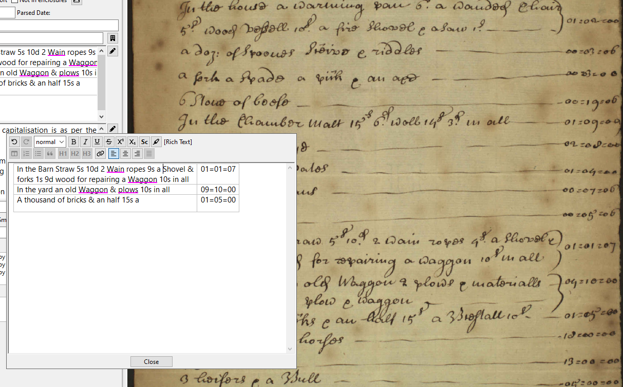Genealogy software interface showing spell check and transcription ignored words from Pedigree Forge