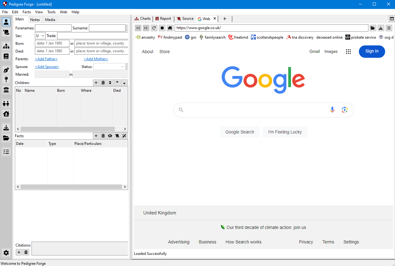 Genealogy software interface showing embedded webbrowser in Pedigree Forge